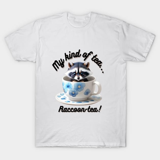 Cute Raccoon Blue Floral White Tea Cup And Saucer T-Shirt by SweetPawsnClaws